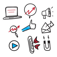 hand drawn set of marketing icons, seo, analytics, ads, business icon illustration doodle