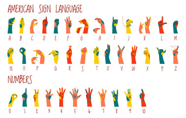 American sign language alphabet and numbers horizontal poster with ornament on hands. Different skin colors vector illustration for ASL education poster, card, brochure, canvas, website, books
