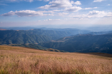Obraz premium Beautiful mountain landscape of green and yellow meadows on Balkan Mountains in Serbia.Sunlit highlands and grasslands of Old mountain with distant peaks.Hiking trail for the highest peak Midzor 2169m
