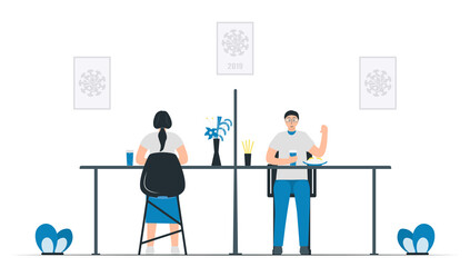 Social distancing in canteen. Plastic divider screen will be put between desks. Protection for coronavirus outbreak. Vector illustration designs in flat style.