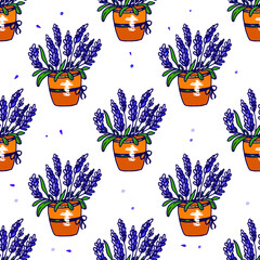 Lavender in a flowerpot vector seamless pattern. Floral seamless pattern with purple lavender flowers for prints, wallpapers, paper, cards and more