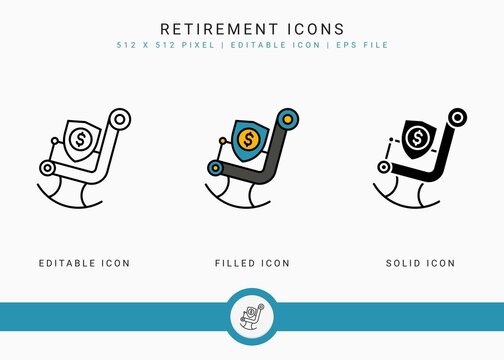 Retirement Icons Set Vector Illustration With Icon Line Style. Pension Fund Plan Concept. Editable Stroke Icon On Isolated White Background For Web Design, User Interface, And Mobile Application