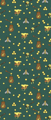 Сolored pattern with honey elements. Repeating pattern with honeycombs, honey, bees and jars. Seamless pattern for 
scrapbooking isolated on green background.
