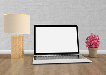 Mockup laptop with home decorating in the living room modern interior background. Mockup with path ready to use. 3d rendering