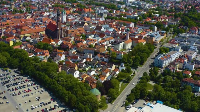 Aerial view of the city Straubing in Germany, Bavaria on a sunny spring day 