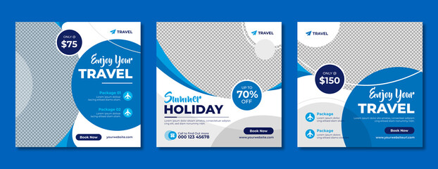 Travel company social media banner template in blue color. Travelling business offer promotion post design with logo. Online digital marketing flyer for summer holiday tour advertisement. 