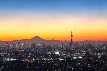 Fototapeta na wymiar City view of Tokyo in the evening with Mount Fuji and Tokyo Sky Tree.