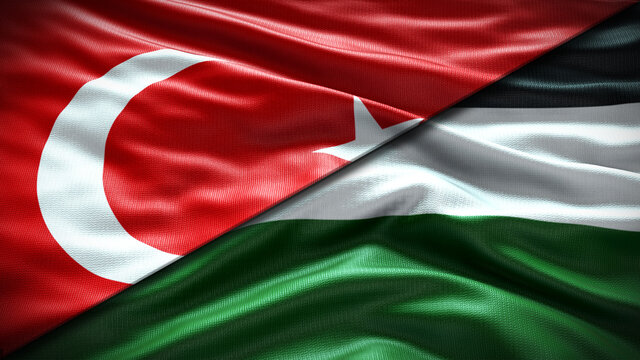 Double Flag Turkey And Palestine Flag Waving Flag With Texture Closeup Background