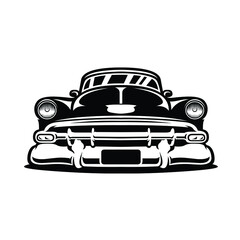 Vintage Car Front View Vector. Classic Hot Rod Car Vector Image Illustration Front View Isolated, Black and White Color Version in White Background - obrazy, fototapety, plakaty