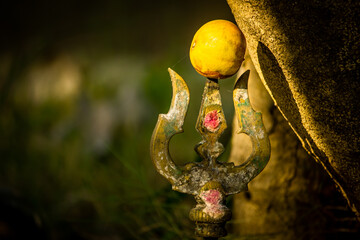 View of trishul(weapon of hindu god shiva) which is sacred and worshipped people following hinduism