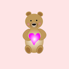 
brown bear in kawaii style with heart on light red background, valentine's day