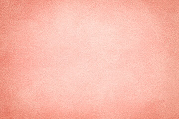 Pink matte background of suede fabric with vignette, closeup. Velvet textile.