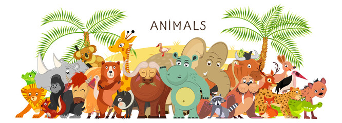 Large group of animals in cartoon flat style stand together. World fauna. Illustration