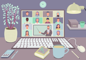 Online Class. Pupils or students studying with computer at home. Stay school learn from home via teleconference. Video conference call on laptop during coronavirus quarantine. Illustration