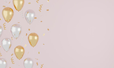 Festive realistic pink and white balloons color with ribbon and gold glitter. Celebrate concept. 3d rendering.
