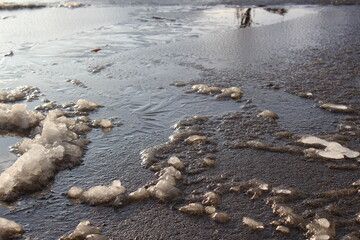 A puddle after snow melt in winter