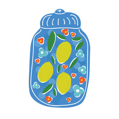 Lemon fresh citrus juice jar with flowers. Summer design concept.