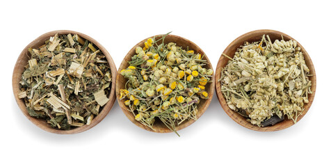 Fototapeta na wymiar Bowls with different herbs on white background