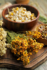 Beautiful composition with different herbs on wooden background, closeup