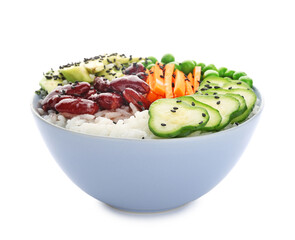 Bowl with tasty rice and vegetables on white background