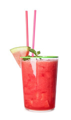 Glass of fresh watermelon juice on white background