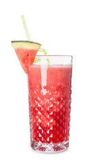 Glass of fresh watermelon juice on white background