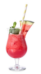 Glass of fresh watermelon juice and mint on white background