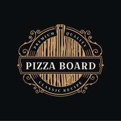 Classic Badge Pizza Wood Board Logo Design Vector