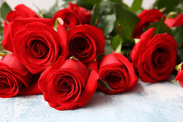 Bouquet of beautiful red roses on light background