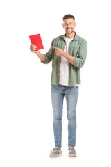 Man with book on white background