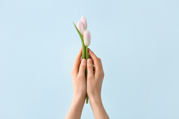 Hands with bouquet of beautiful flowers on color background