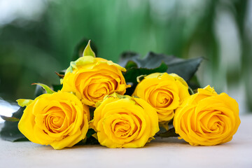 Beautiful yellow roses on table outdoors