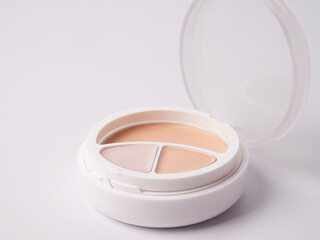 Set of decorative cosmetics on a white background. Flat lay, top view.