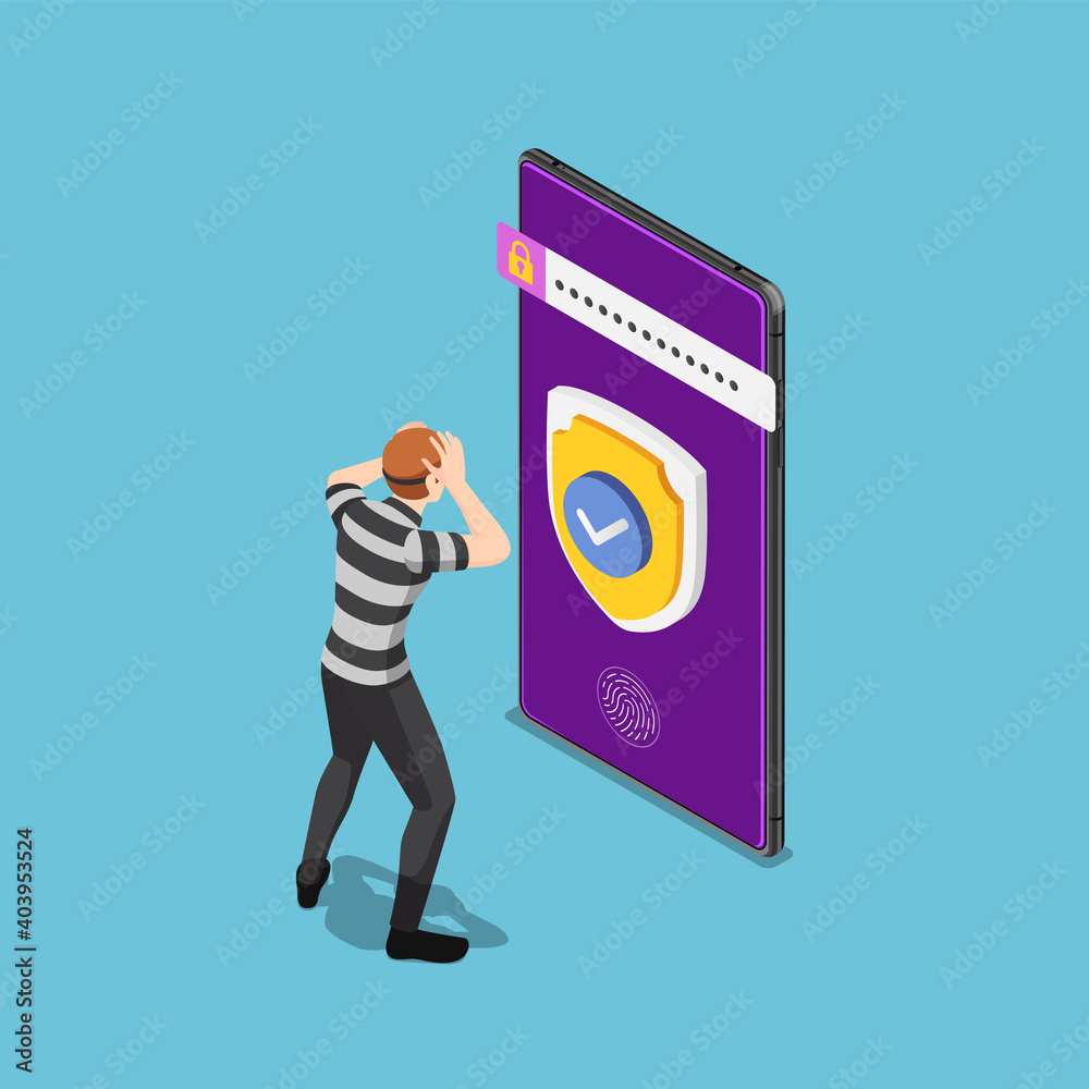 Poster Isometric Thief or Hacker Failed to Hacking Smartphone with Security System