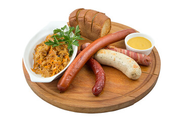 Restaurant service concept. Assorted German sausages. Isolated.