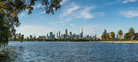 View on the Melbourne Skyline in front of the Albert Park lake, Australia
