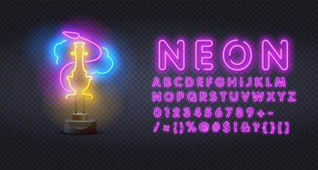 Hookah bar neon sign with alphabet, bright signboard, light banner. Hookah logo, emblem. Vector illustration
