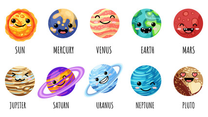 Set of cartoon kawaii planets, stars and satellites. Cosmos theme collection of anime faces. Solar system outer space planets children icons. Vector images © Olga