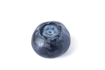 Closeup of a fresh blueberry at oblique view angle isolated on white background. Macro.