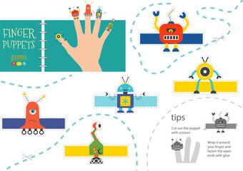 Naklejka premium Vector robotics as finger puppets. Cut and glue activity for preschool kids