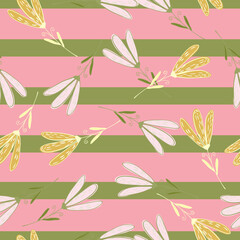Seamless random pattern with simple flower elements. Pink and green striped background.
