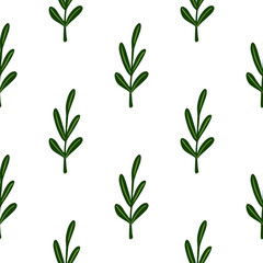 Botanic minimalistic seamless pattern with green simple leaf branches ornament. White background.