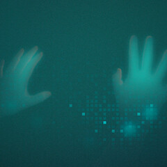 Hands disappearing behind green transparent screen