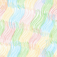 Seamless pattern with row of diagonal grunge striped elements in pastel yellow, blue, green, red colors