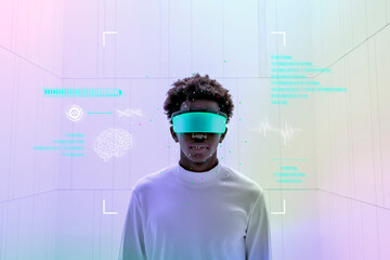 Man wearing smart glasses and showing holographic screen futuristic technology