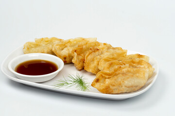 Tilted side view of Gyoza served on a long white plate and ready with soy sauce. Isolated white background.