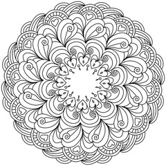 Contour mandala with hearts and key, zen coloring page with ornate patterns for Valentine's day