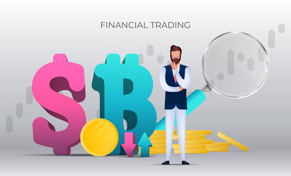 Financial trading banner. A businessman is pondering an idea. Gold coins, magnifying glass, graph. Dollar and bitcoin icon. Vector.
