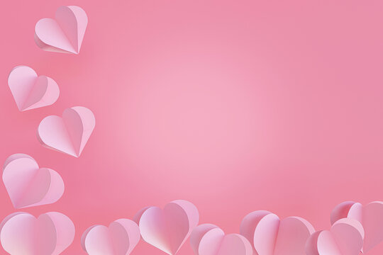 Paper elements in shape of heart flying on pink background. symbols of love, Mother's, Valentine's Day, birthday greeting card design. 3d redering