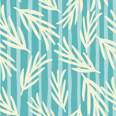 Random seamless pattern with white organic rosemary ornament. Blue striped background.